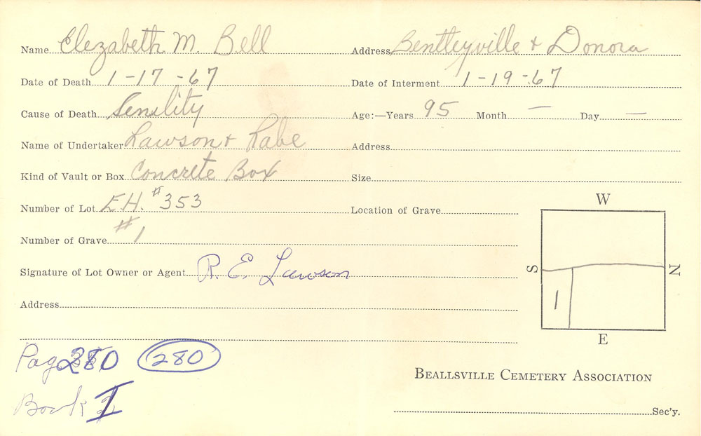 Elizabeth M. Bell  burial card